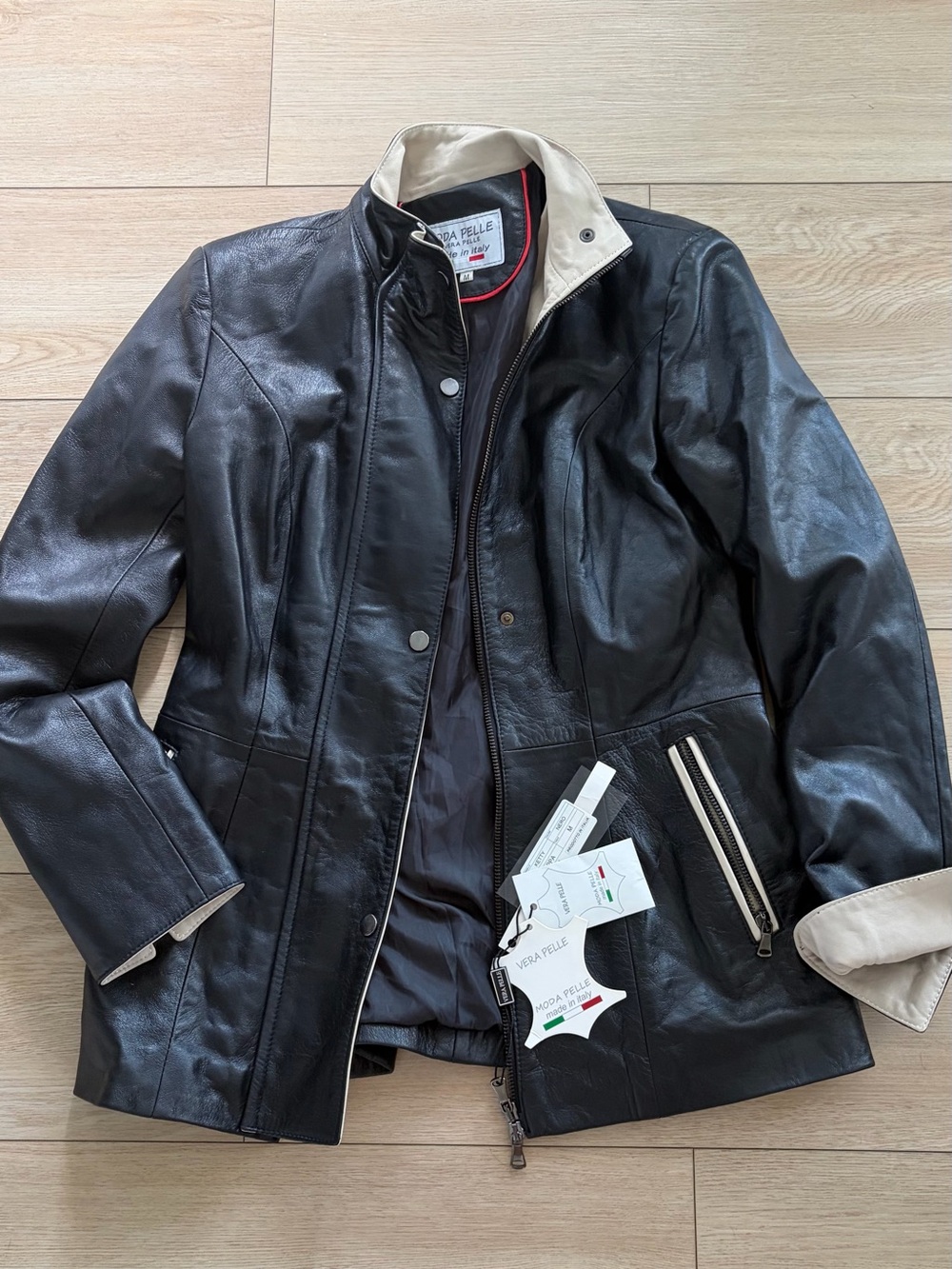 Vera Pelle Black Leather Jacket with Cream Trim